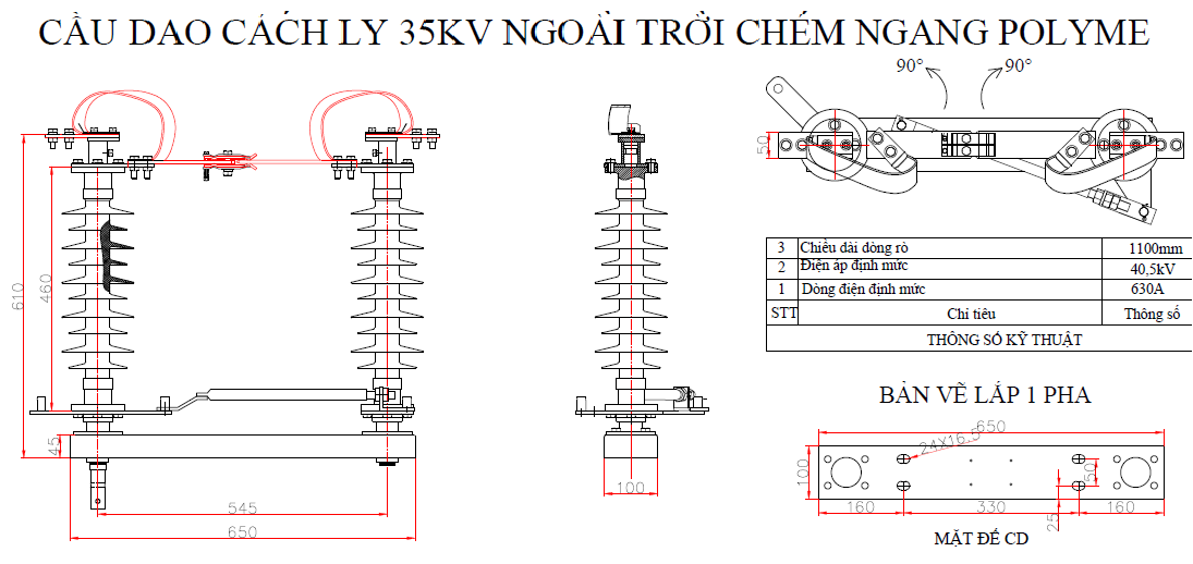 BẢN VẼ CẦU DAO CÁC LY 24kV - NGOÀI TRỜI - KIỂU NẰM NGANG - CÁCH ĐIỆN PLYMER